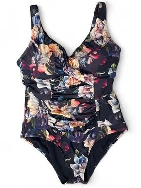 Alex Marie Floral Black One-Piece Shaping Swimsuit Size XL